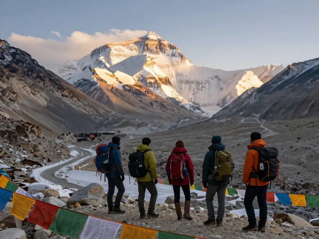 Everest Base Camp trekkers enjoying stunning sunrise views over majestic peaks, showcasing the adventure.