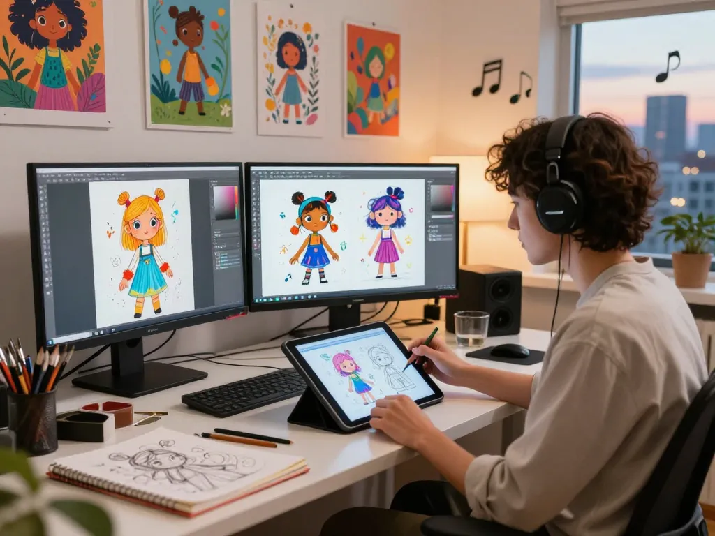 Artist creating NSFW AI illustrations in a vibrant digital studio, showcasing artistic expression and creativity.