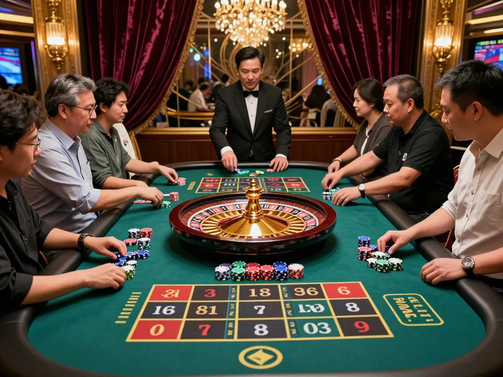 Paito macau roulette table with players making bets and croupier managing spins, vibrant casino atmosphere