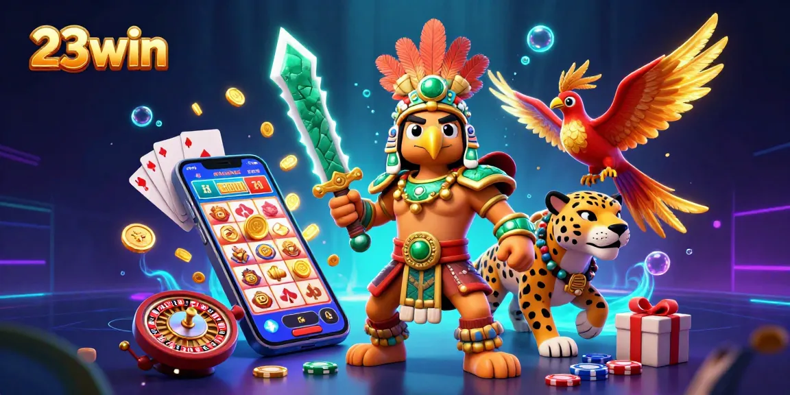 Experience thrilling adventures with 23win's vibrant casino elements featuring warriors, games, and golden treasures.