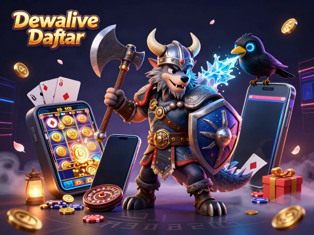 Experience the thrill of Dewalive Daftar with dynamic gaming elements amid a mythical fantasy scene.