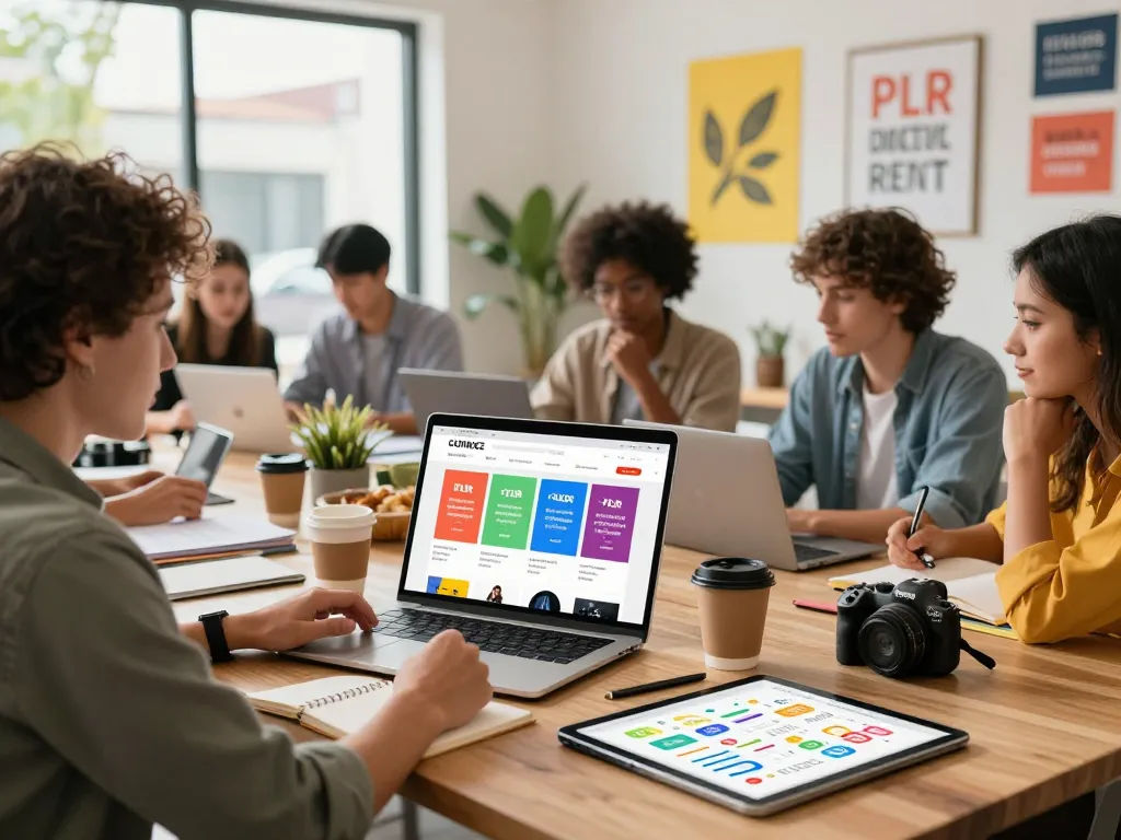 Buy PLR Digital Products showcased on a laptop with creative entrepreneurs collaborating in a vibrant workspace.