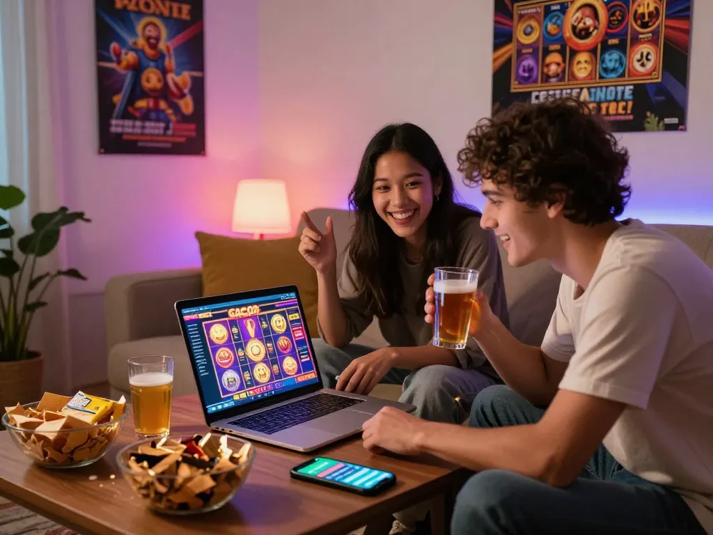 Players enjoying slot gacor games online in a lively home setting with vibrant graphics.