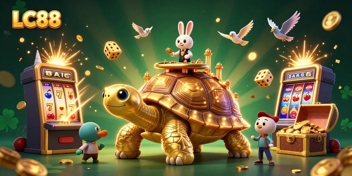 Experience thrilling wins at LC88 with a vibrant 3D scene showcasing exciting casino games and golden rewards.