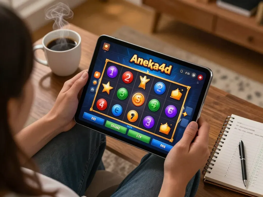 Berinteraksi dengan slot aneka4d di tablet, menampilkan gulungan yang cerah dan suasana rumah yang nyaman