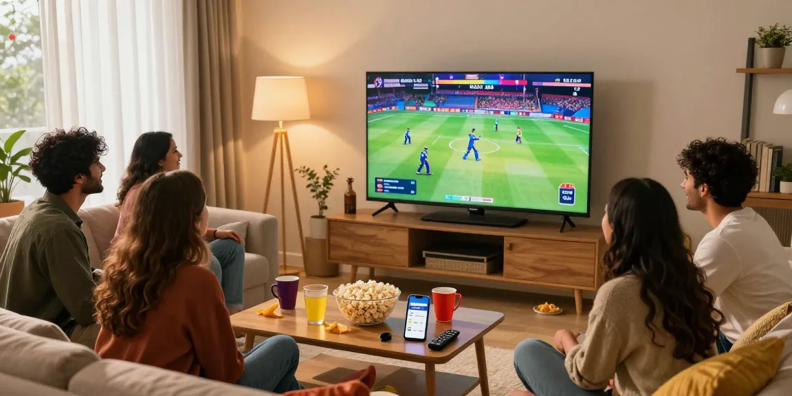 Friends enjoying Pikashow live streaming on a cozy couch during IPL Cricket 2026.