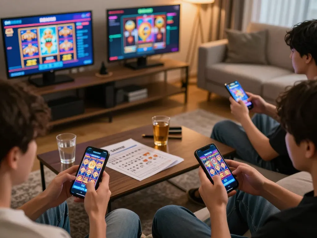 Players exploring slots not on gamstop on smartphones in a cozy home gaming setup, capturing the enjoyment of online casino games.