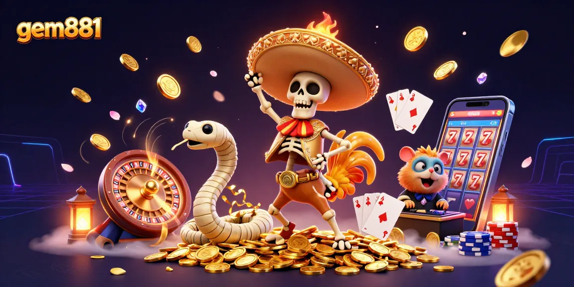 Experience thrilling gameplay at gem881 with a festive mariachi rooster celebrating on golden coins.