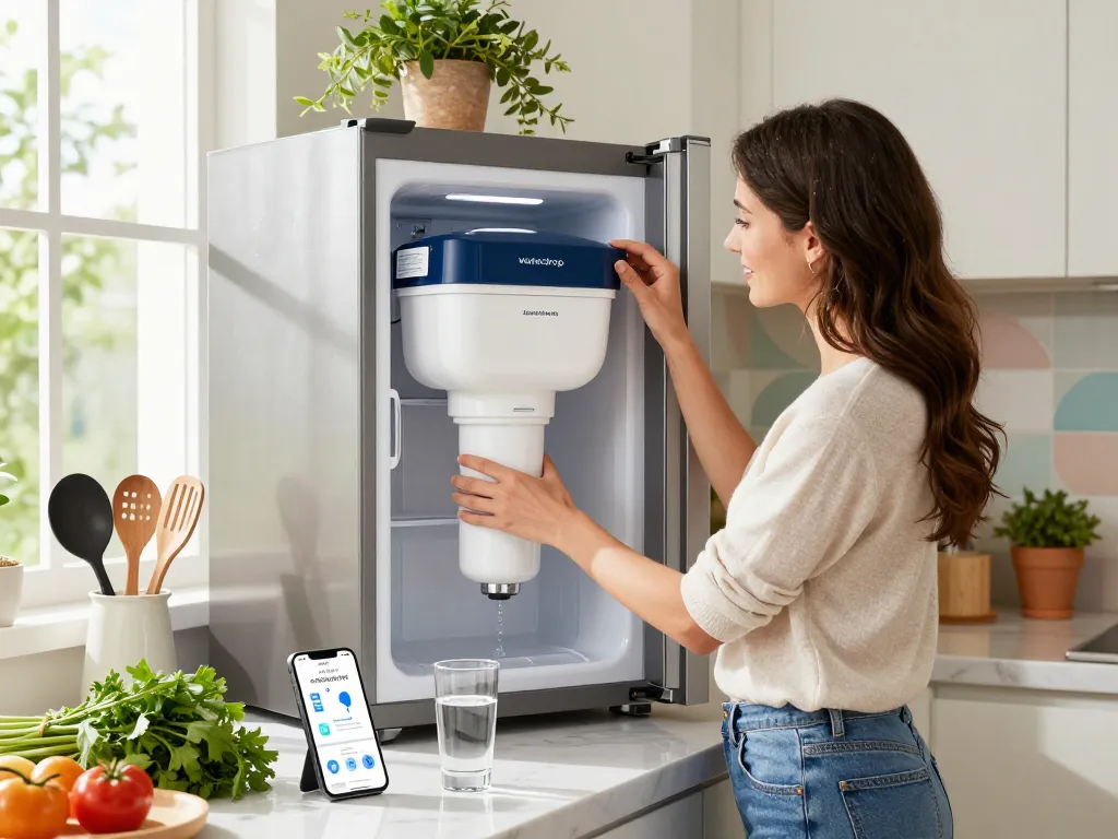 Woman installing Waterdrop 4396701 Replacement for Whirlpool® EDR6D1 filter in modern kitchen, showcasing healthy living.