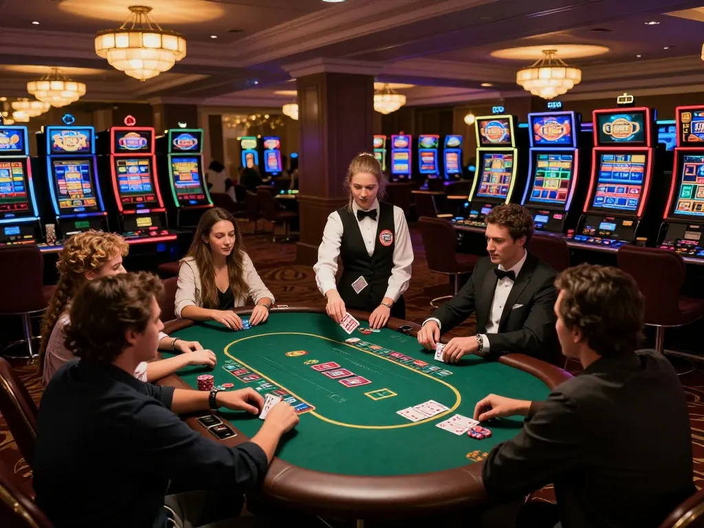 KJC poker enthusiasts playing in a vibrant casino setting, engaging strategy and excitement.