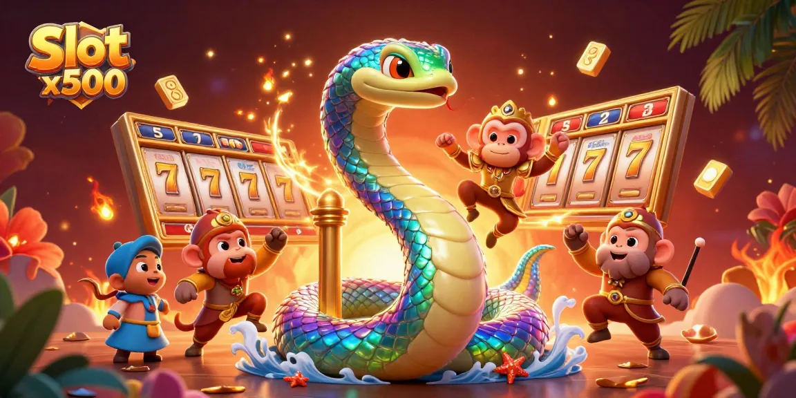 Engage with Slot x500 visuals featuring a vibrant 3D scene of a rainbow serpent, monkey king, and various casino elements.