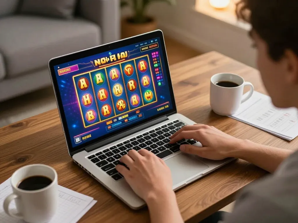 Engaging gameplay of no hu slot games on a laptop in a cozy home environment.
