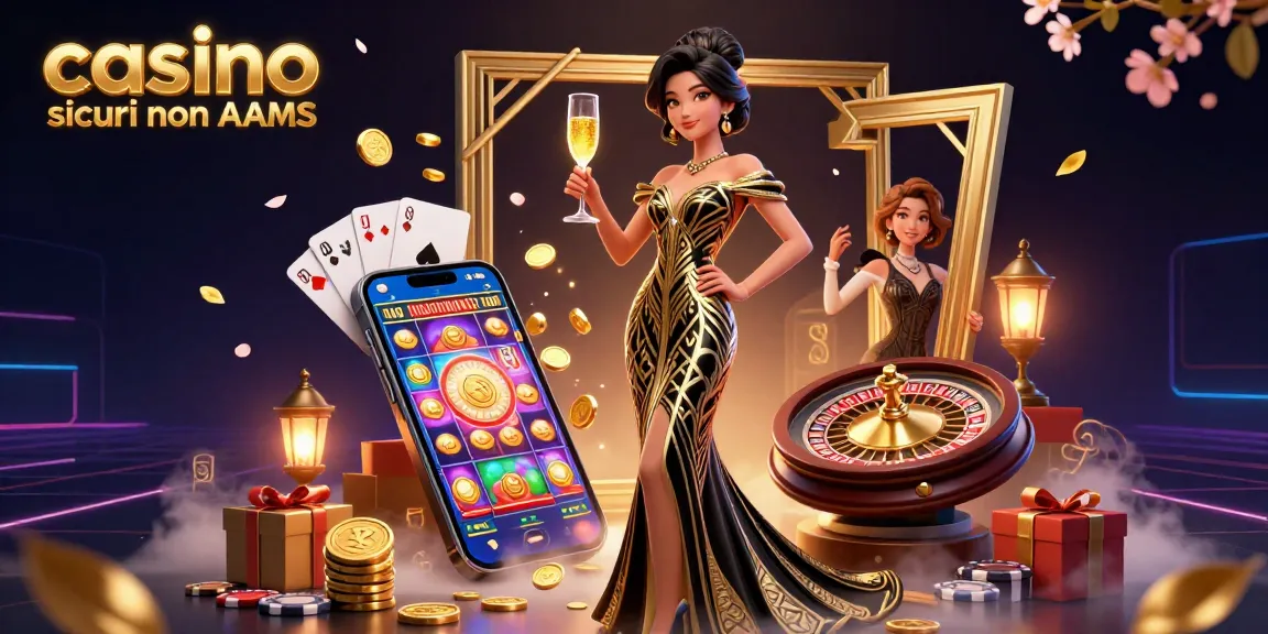 Interagisci con casino sicuri non AAMS attraverso un'affascinante illustrazione 3D che mostra elementi di gioco glamour.