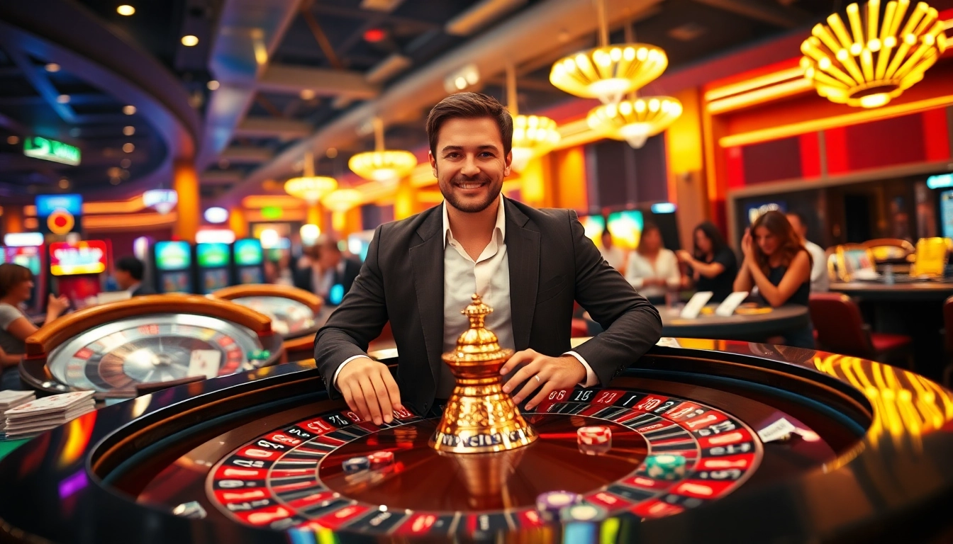 Vegas hero confidently wins at roulette in a vibrant casino setting.
