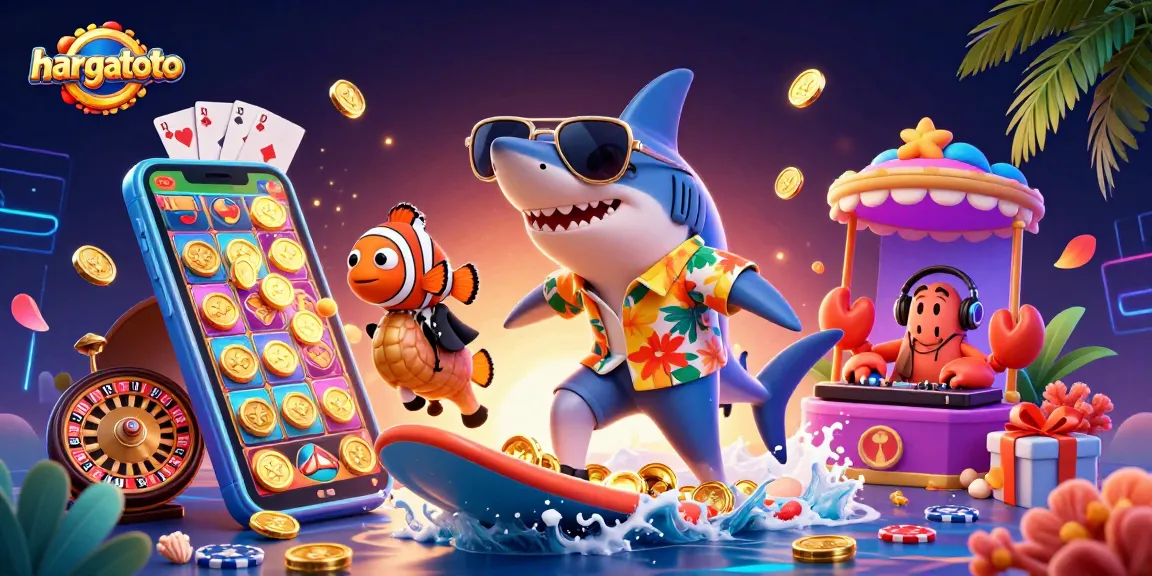 Join the hargatoto adventure with a shark surfing gold coins and a seahorse in this vibrant casino scene.