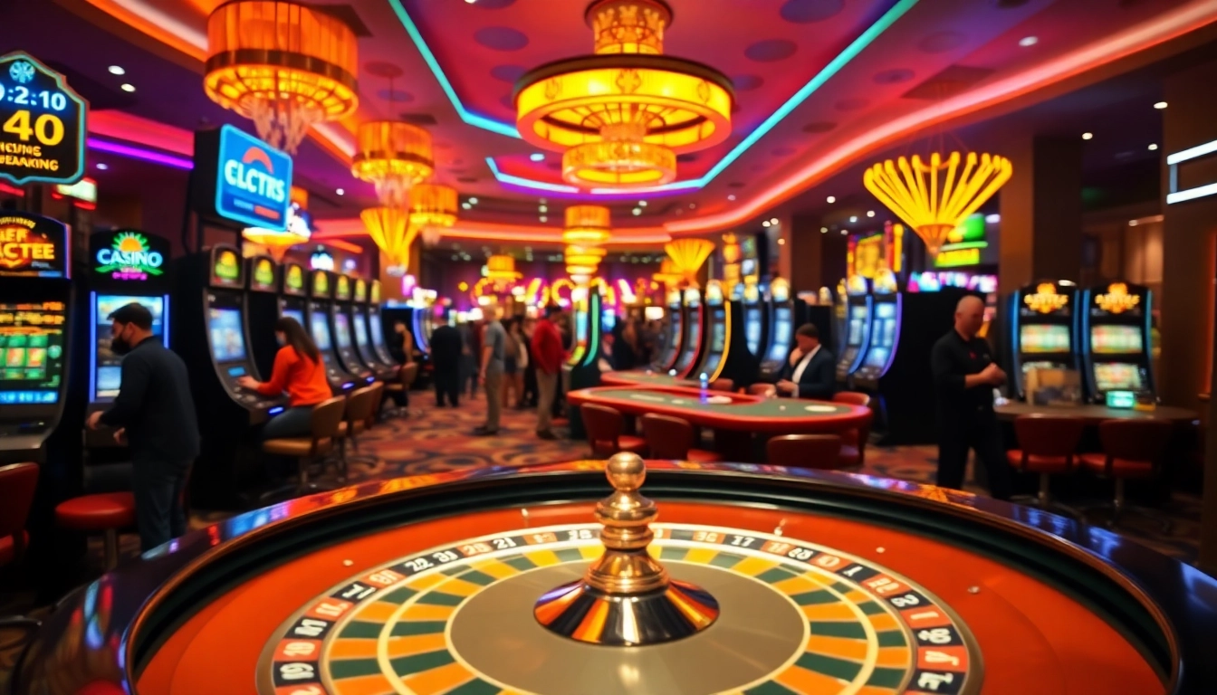 Exciting scene of a Non gamstop Casino Uk featuring vibrant gaming areas filled with players.