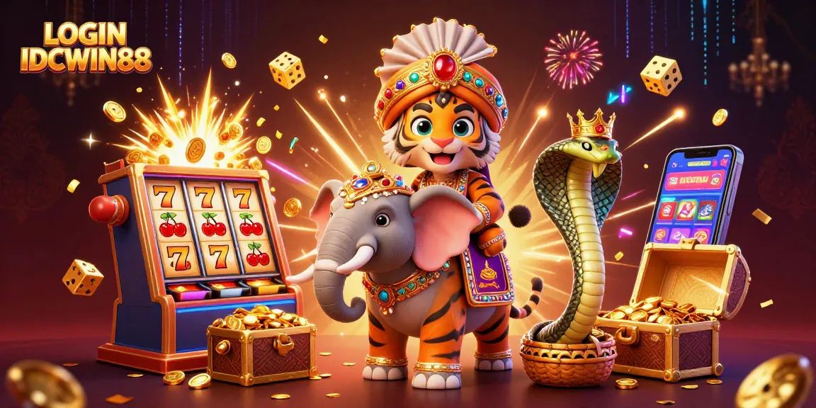 Experience thrilling action with LOGIN IDCWIN88 as a tiger rides an elephant amidst casino elements!