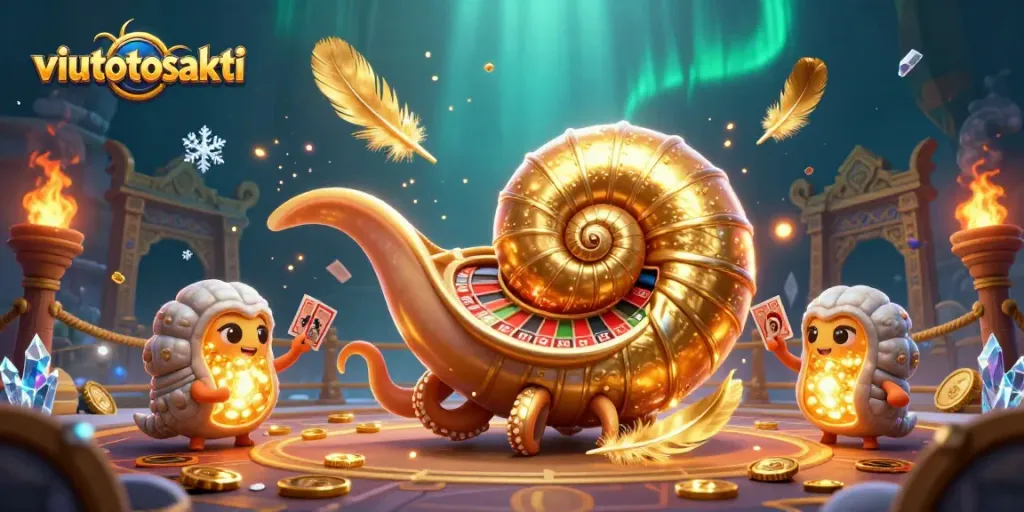 viutotosakti menghadirkan ilustrasi kasino 3D menakjubkan dengan nautilus raksasa yang memegang kartu dan emas bersinar.