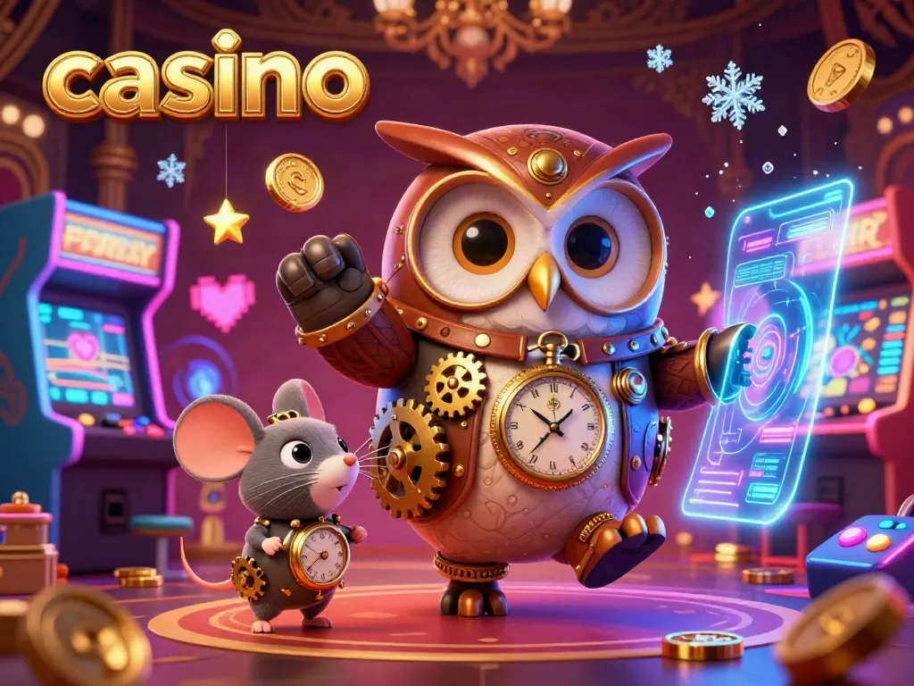 Experience a vibrant casino scene where a time-traveling owl and clockwork mouse navigate arcade games and Victorian elements.