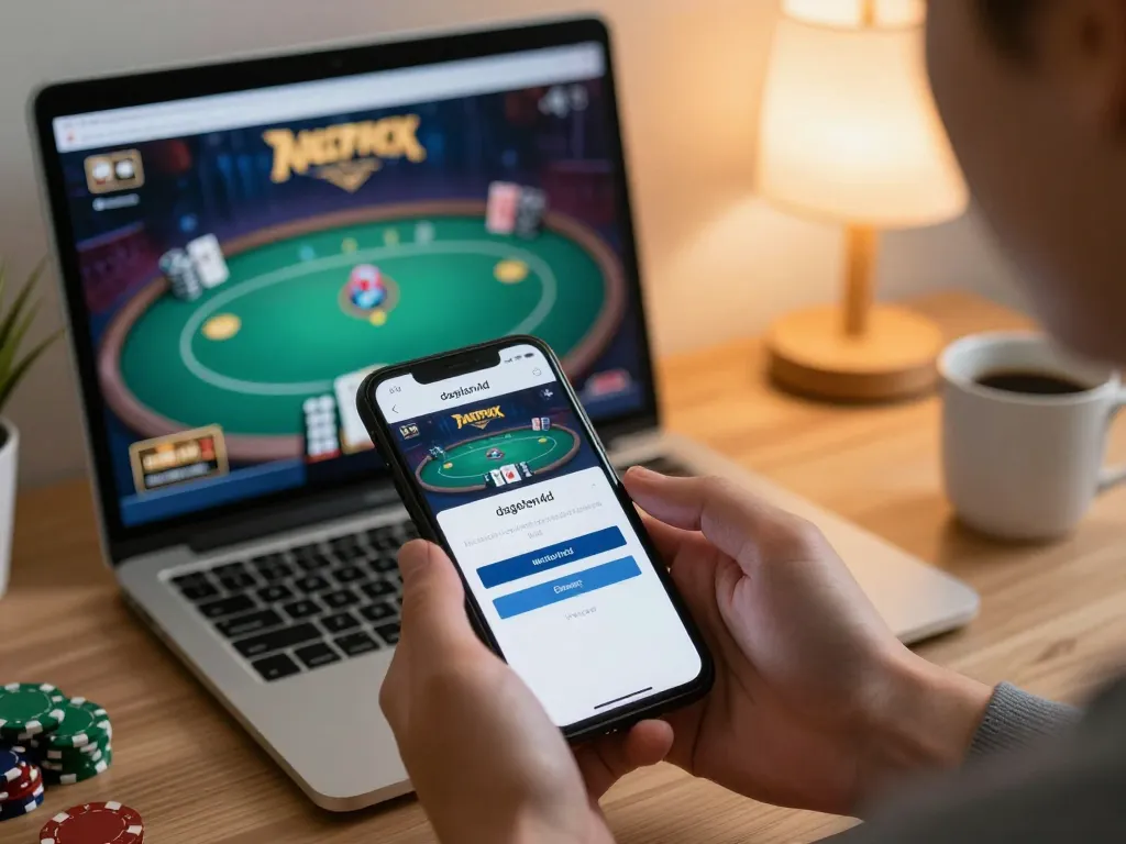 Engaging in dagelan4d login on smartphone amidst a cozy home gaming setup highlighting responsible gambling.