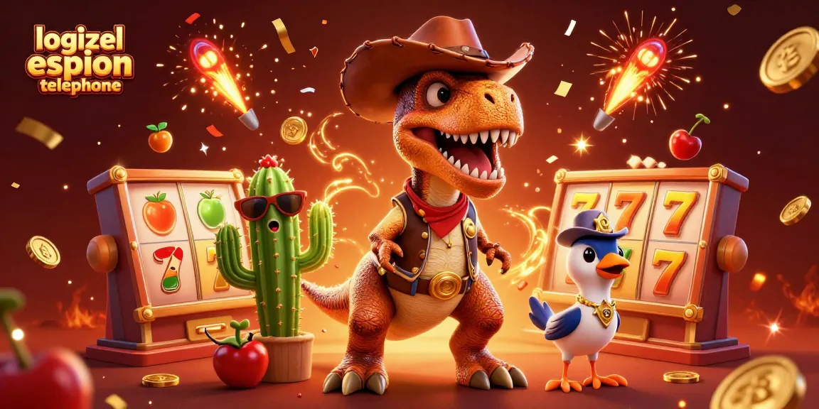 Visualisez un logiciel espion téléphone à travers un T-Rex cowboy entouré de rouleaux de machines à sous et de symboles chanceux.