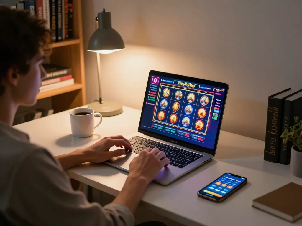 Engaged player strategizing in online casino session with mm88 interface on laptop, emphasizing responsible gaming.