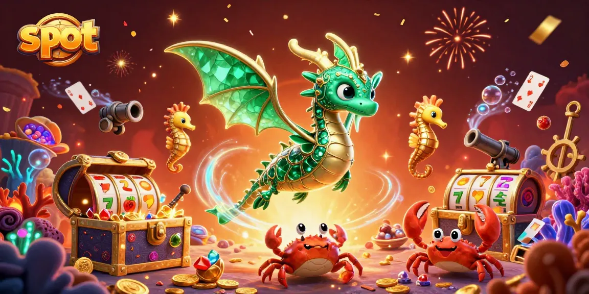 Spin the slot reels to win treasures with sea dragons and crabs in this vibrant casino illustration.