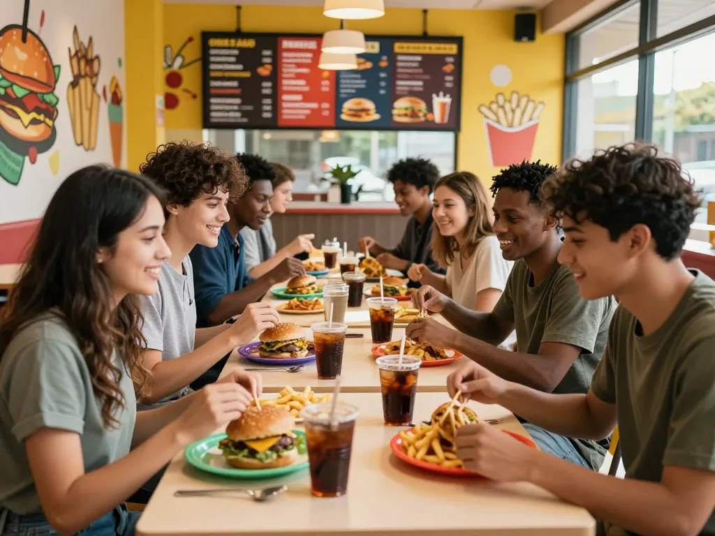 Fast food menu shared among friends at a lively restaurant table.