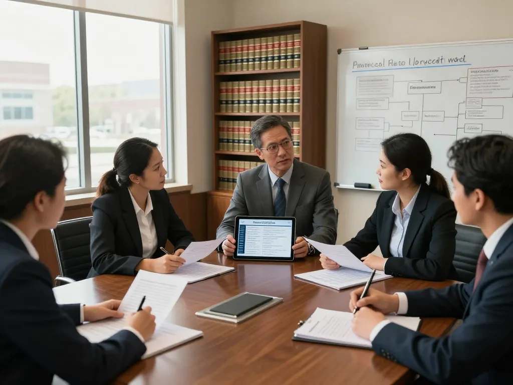 Collaboration in a law office discussing the American lawyer directory with legal documents and digital tools.