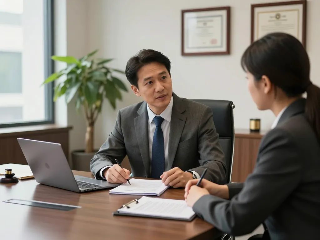 Consultation between USA lawyers and a client in a modern law office, showcasing professionalism.