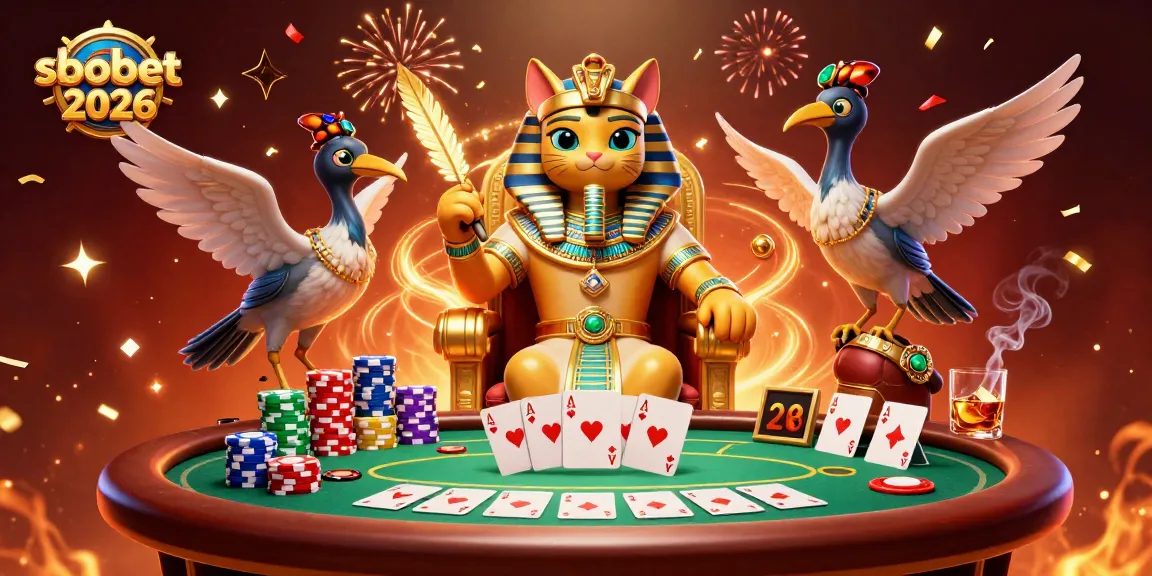 Experience sbobet 2026's exciting poker scene with an Egyptian pharaoh cat and vibrant casino elements.