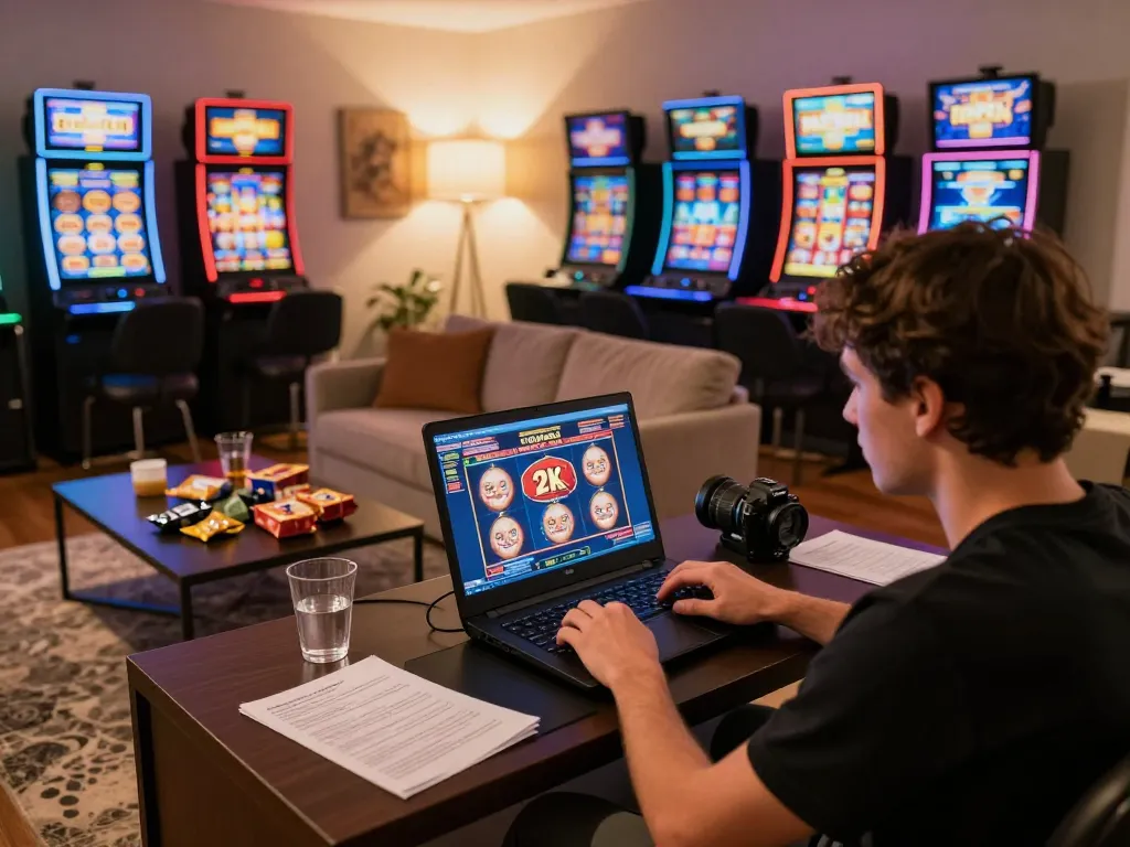 Player engaging in a slot depo 2k game on their laptop in a cozy home setting, highlighting an immersive online gambling experience.