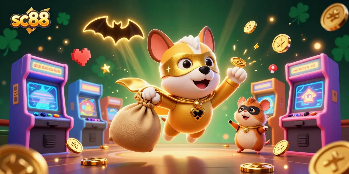 sc88's superhero dog and sidekick hamster flying with gold coins amidst vibrant gaming elements in a casino.