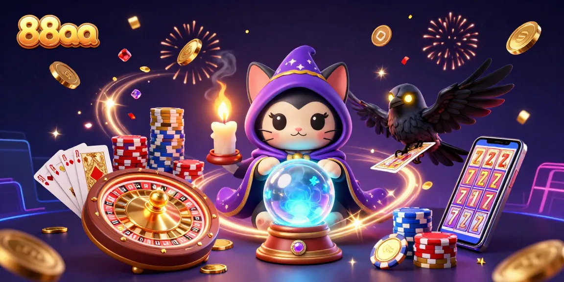 Experience thrilling wins at 88aa with a mystical cat fortune teller, dazzling coins, and casino gaming elements.