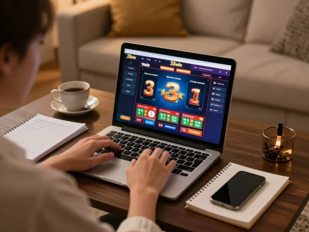 Engaging online gaming moment at 33win, showing player strategy using laptop and notes