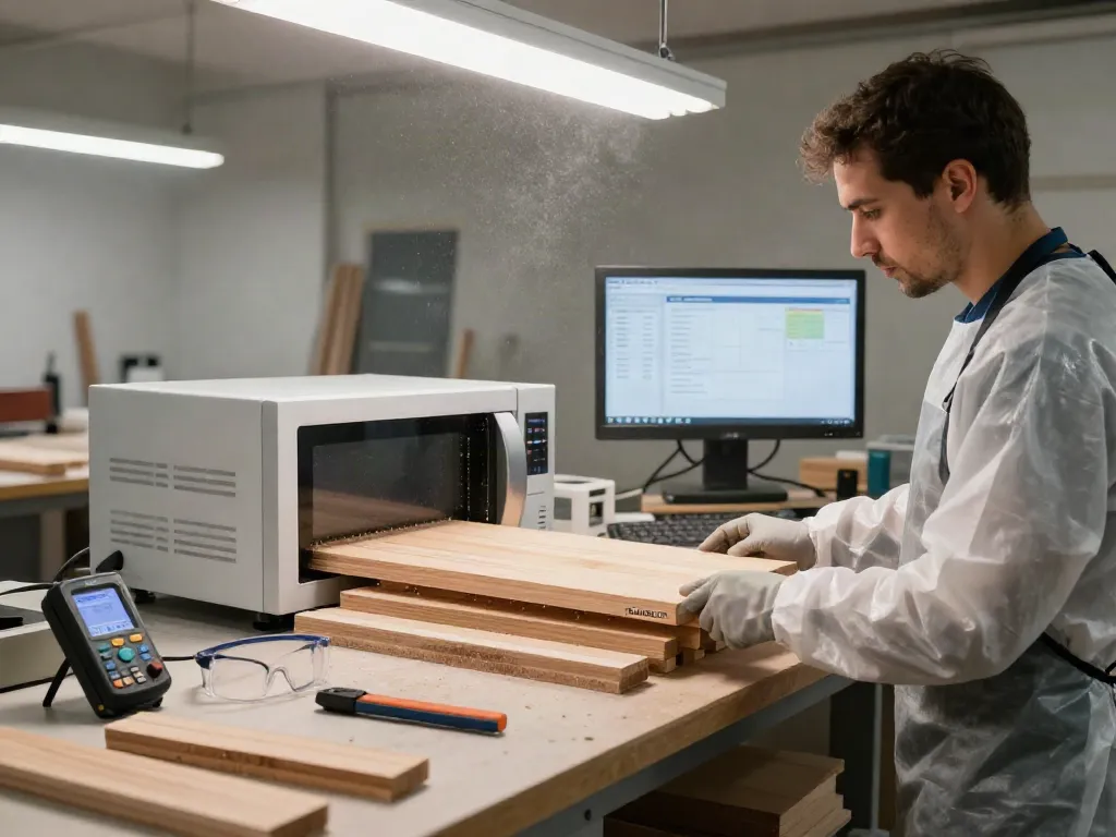 SHASHEL® microwave equipment in action for wood treatment, showcasing effective elimination of wood-boring insects.