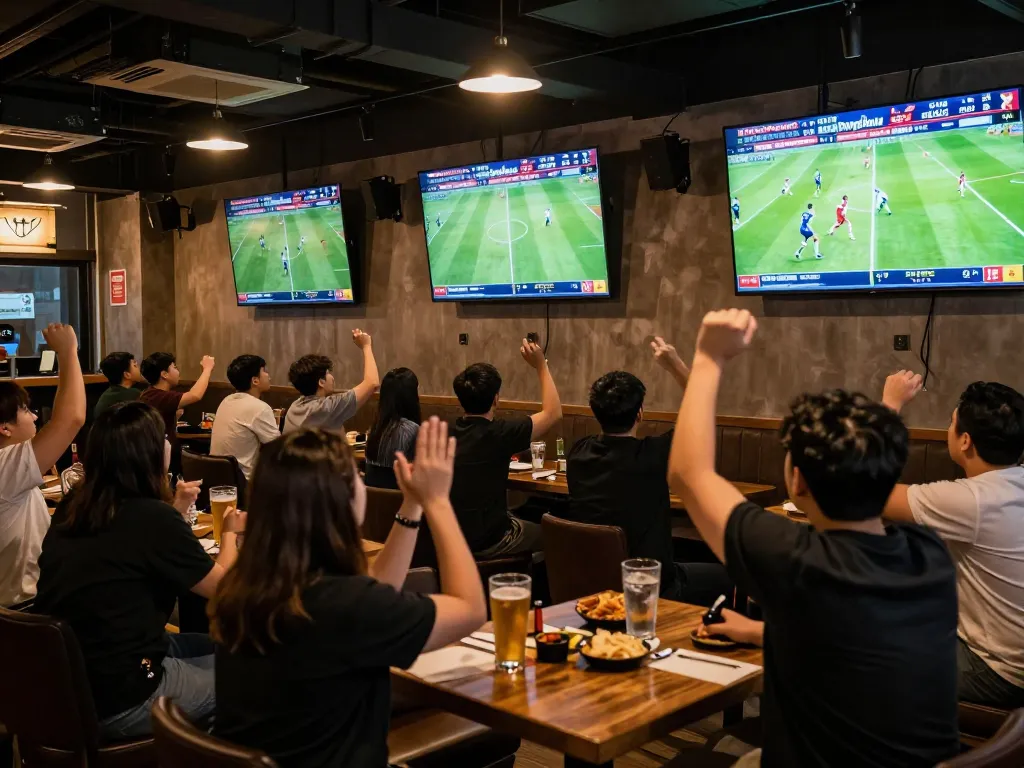 Bongdalu live updates engaging fans at a sports bar during a football match, capturing excitement and social interaction