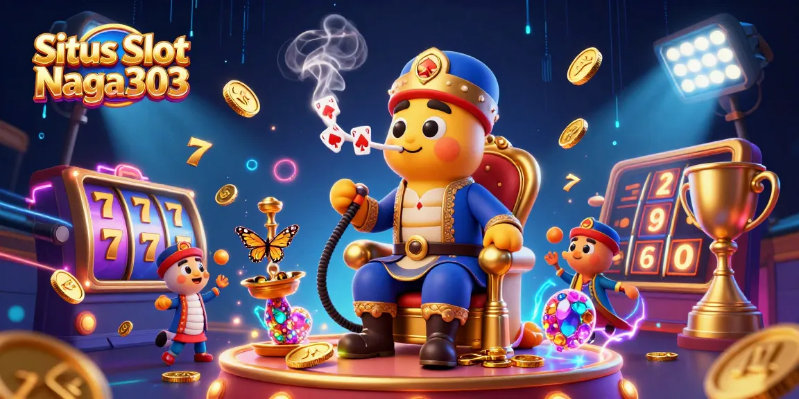 Situs Slot Naga303 features an engaging scene with vibrant 3D illustrations of slots and casino elements.
