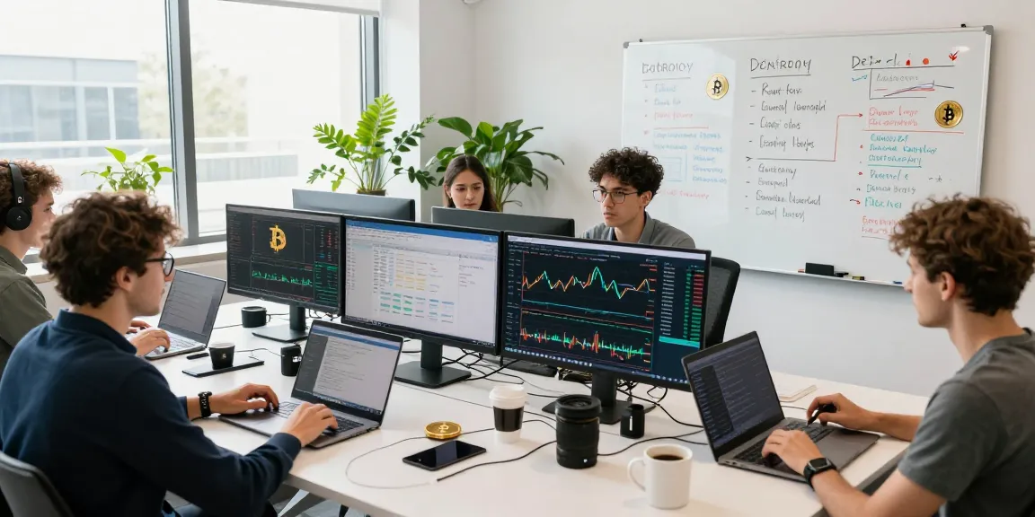 crypto cloud mining strategies discussed in a vibrant office with multiple screens, highlighting blockchain insights and trading activities
