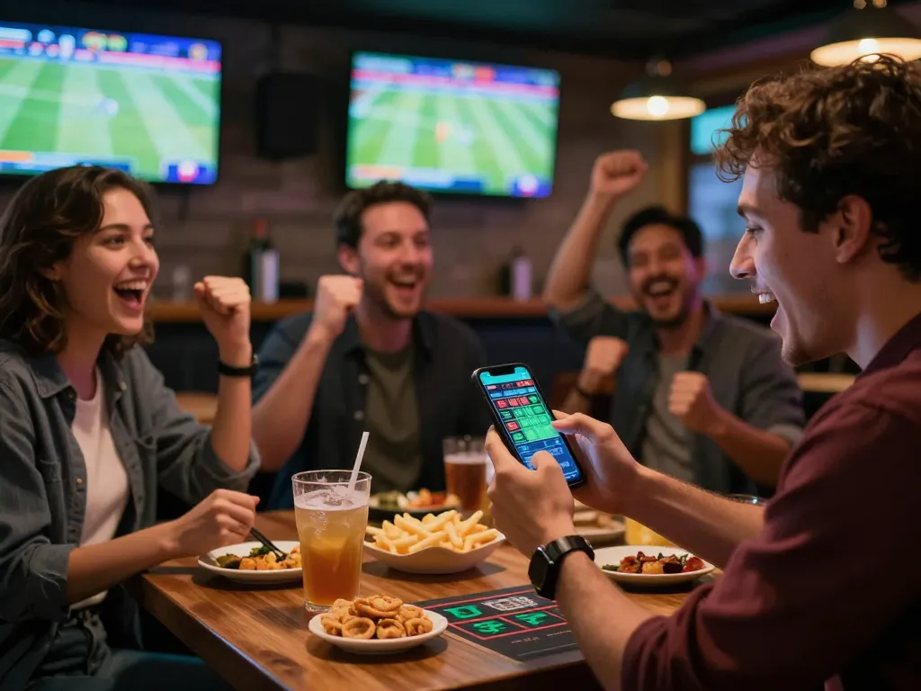 RR88 player enthusiastically betting live on sports at a vibrant sports bar environment