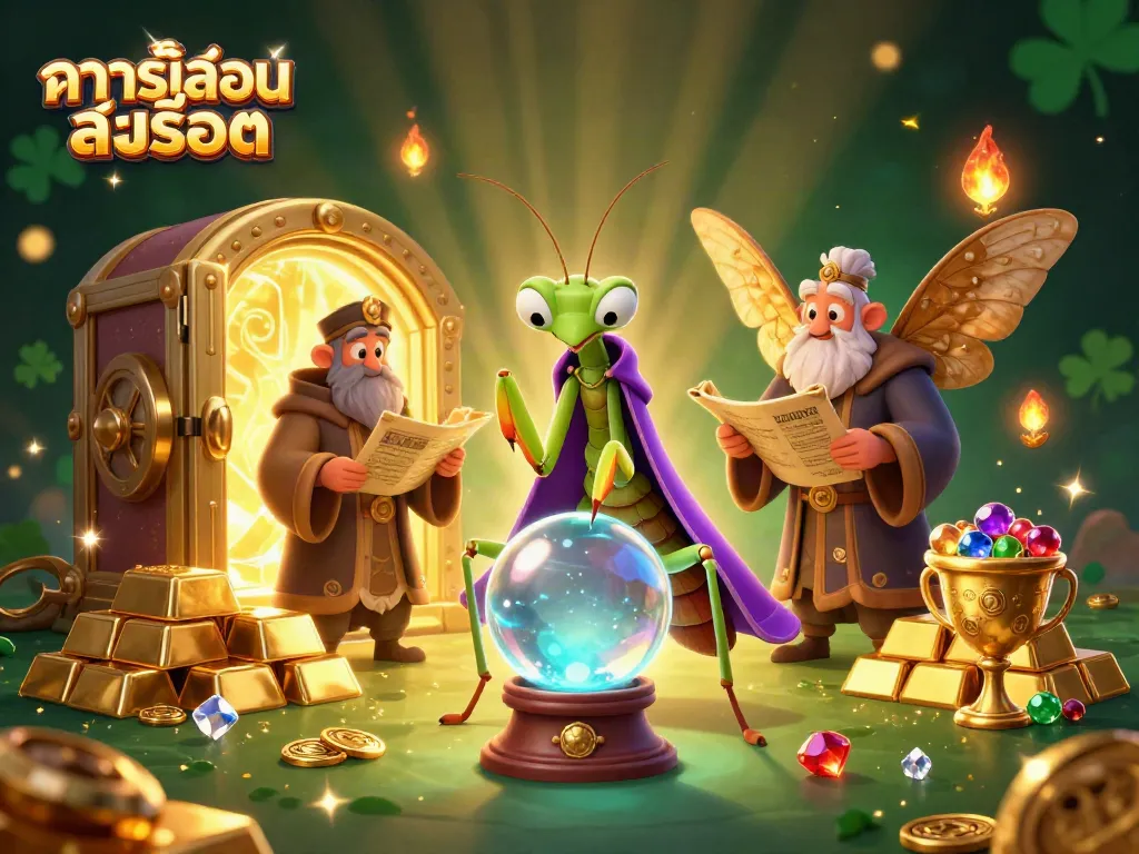 ทดลองเล่นสล็อตในภาพที่มีสัญลักษณ์เกมสล็อตและตัวละครแฟนตาซี