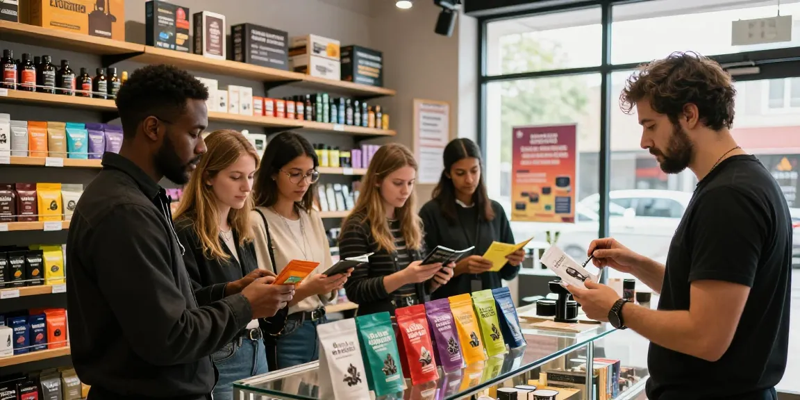 Customers exploring K2 products including buy-4f-mdmb-2201-k2-liquid-infused-papers in urban smoke shop.