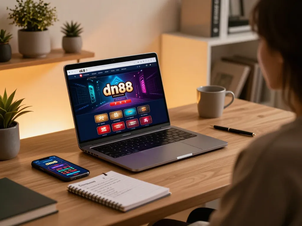 Experience engaging online gaming with dn88 on a modern laptop amidst a stylish workspace.