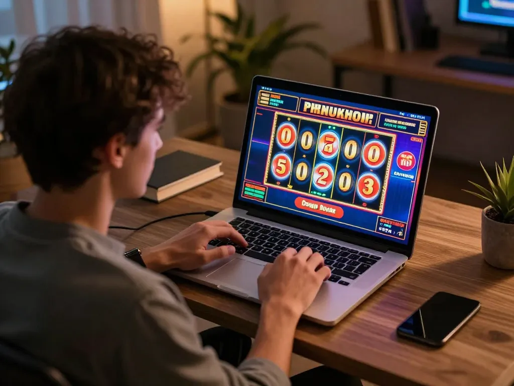 Player engaged in an exciting slot game on laptop, showcasing vibrant reels in cozy home office