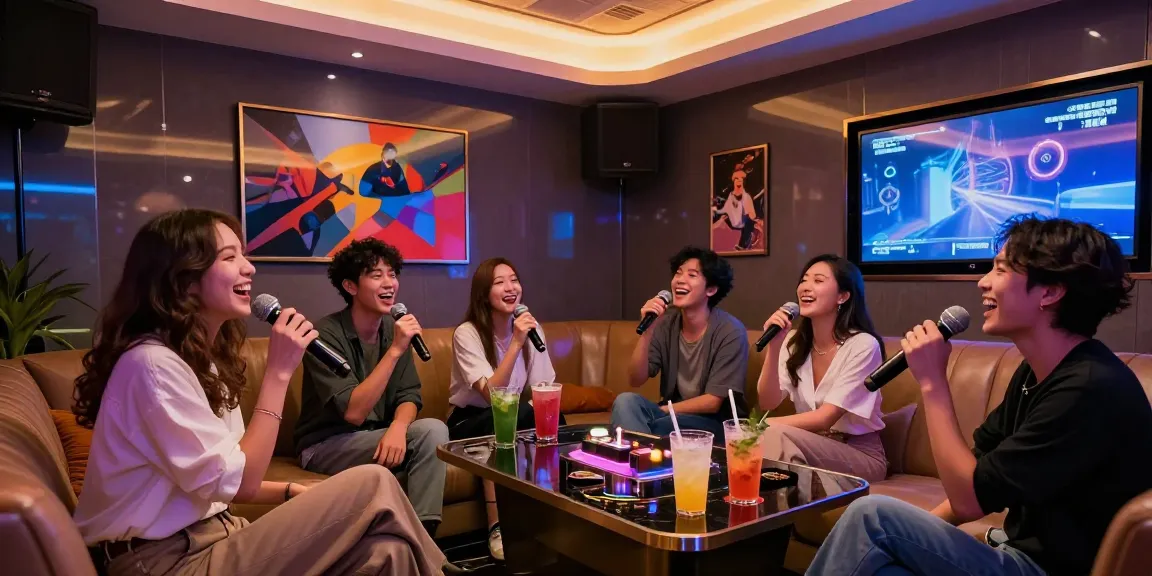 강남도파민에서 친구들과 함께 즐기는 세련된 가라오케 룸의 밝고 즐거운 분위기