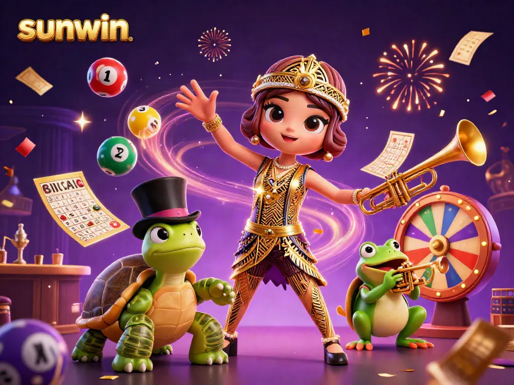 Experience the excitement of sunwin with vibrant casino themes featuring a joyful crane, turtle, and frog amidst lottery balls and golden tickets.