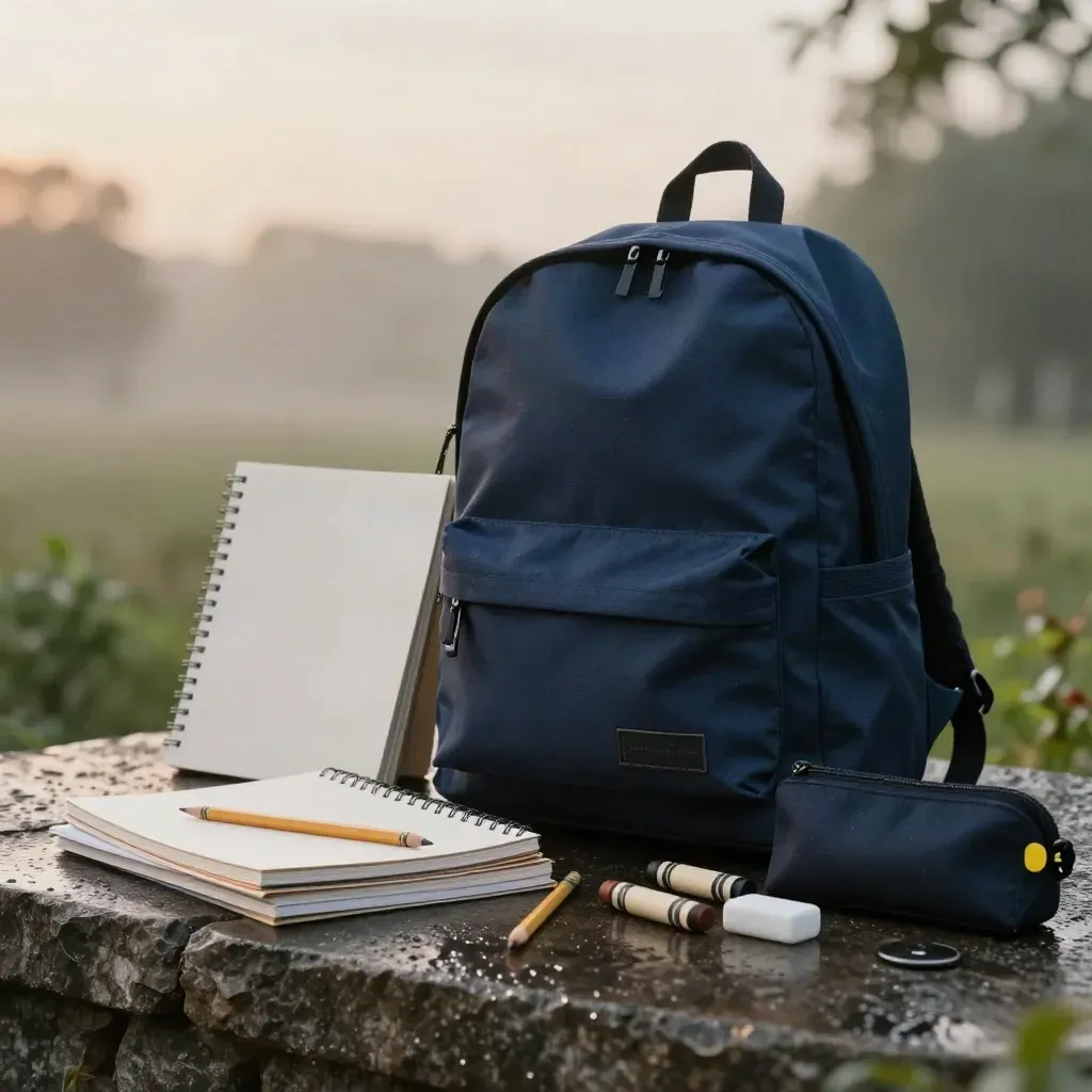 School supply kit on wet stone with backpack, notebooks, pencils and crayons in rain mist.