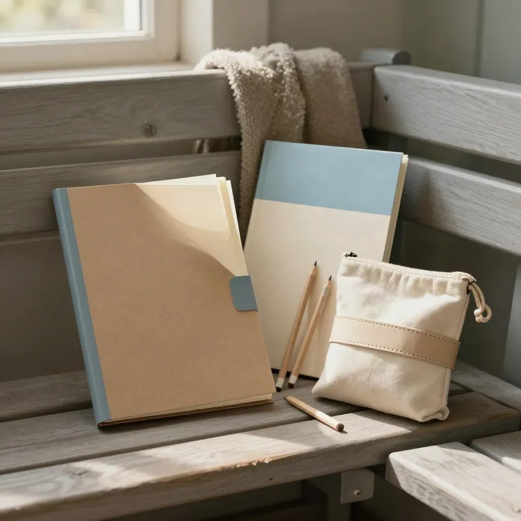 Mentoring bundle on a bench: folder, notebook, pencils, bookmark and canvas pouch in soft window light.
