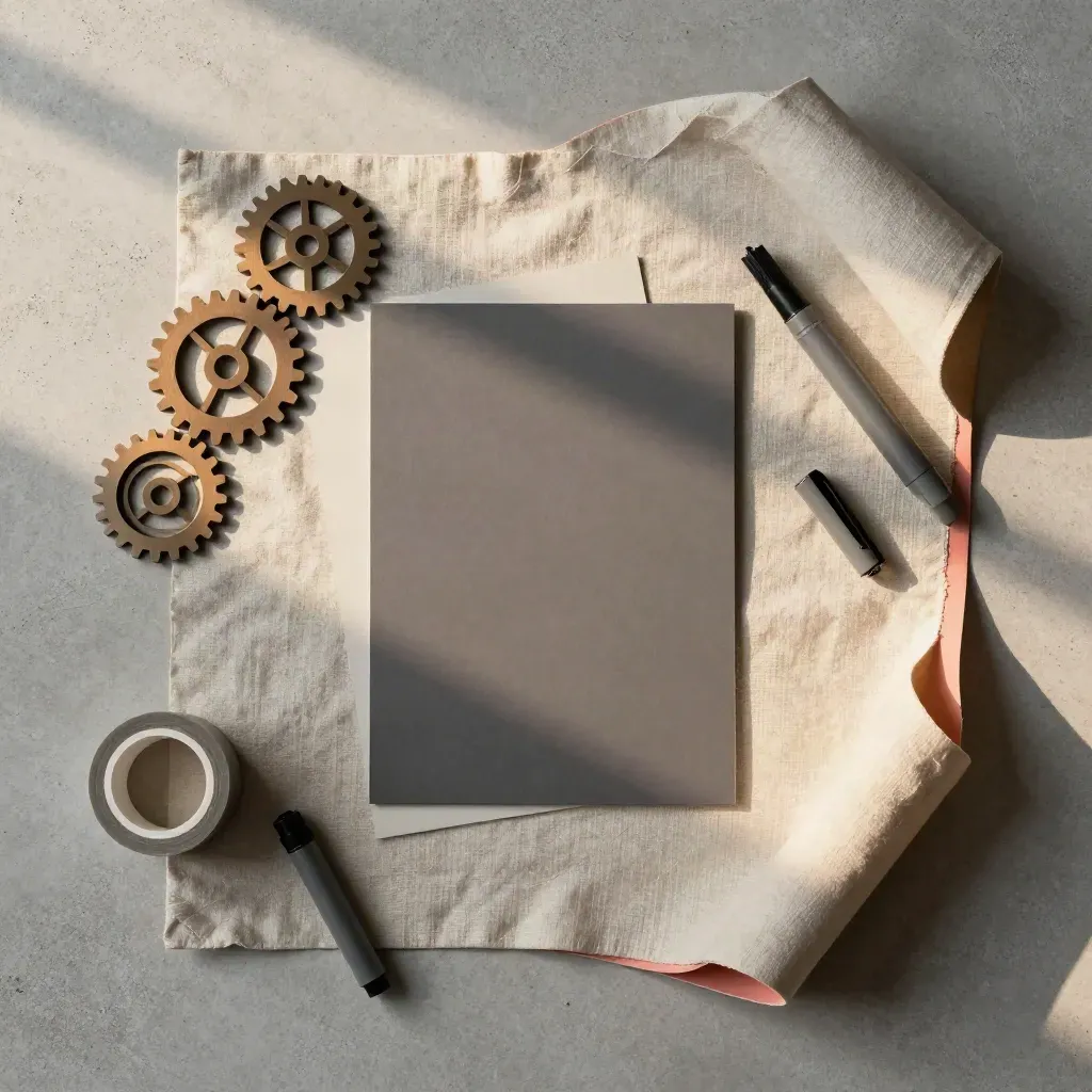 Overhead flatlay of a STEM workshop pass bundle with paper gears, tape rolls, markers and linen.