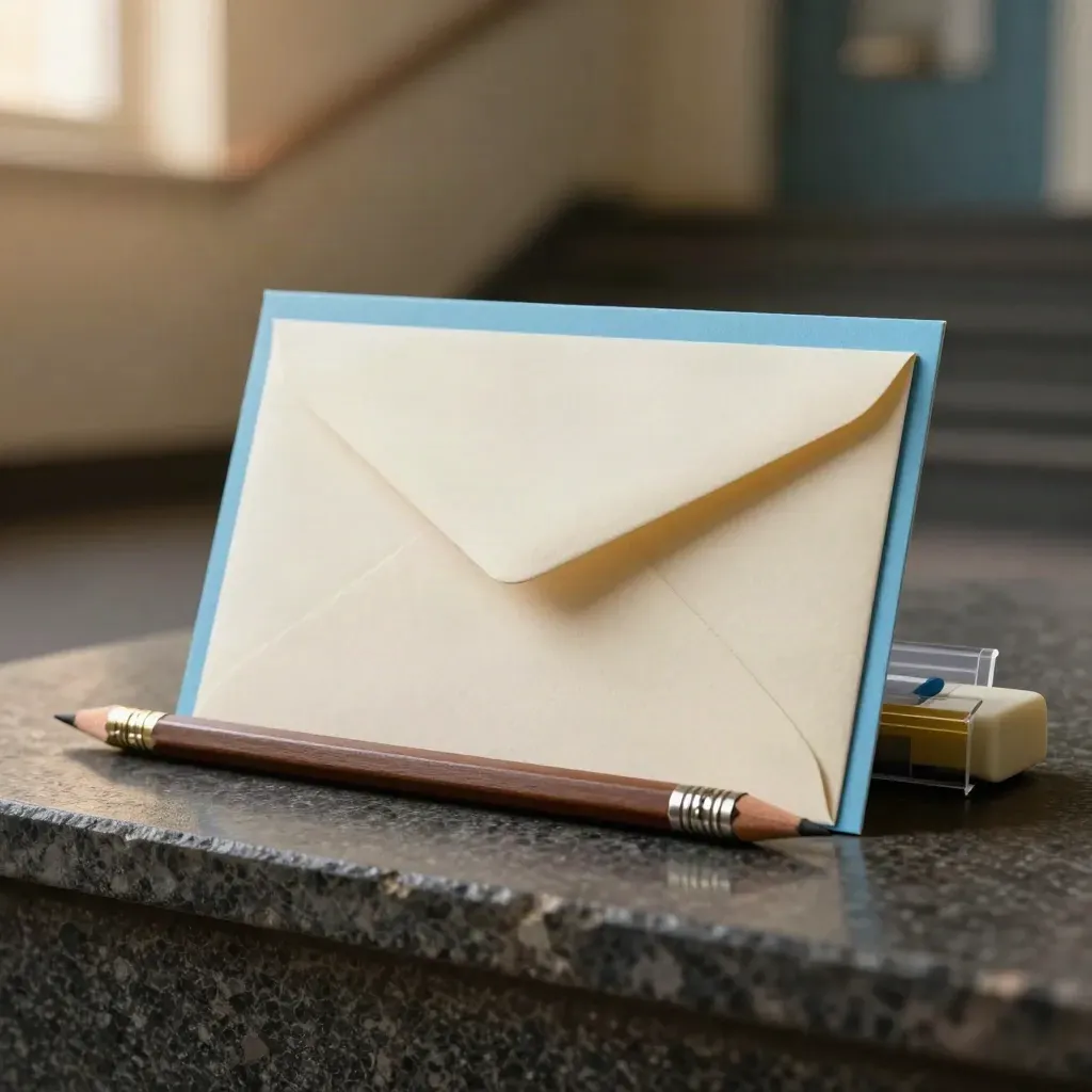Scholarship aid card sleeve, envelope, pencil, and supplies on dark stone with dramatic rim light